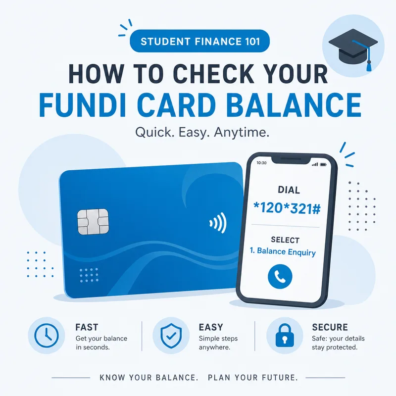 Fundi card balance check illustration with payment card, phone showing USSD prompt and student finance icon