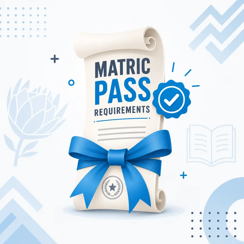 Matric pass requirements illustration with rolled certificate scroll and achievement star