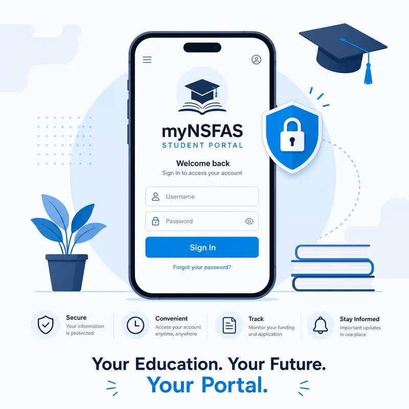 myNSFAS login portal sign-in illustration with smartphone, padlock icon and graduation cap motif