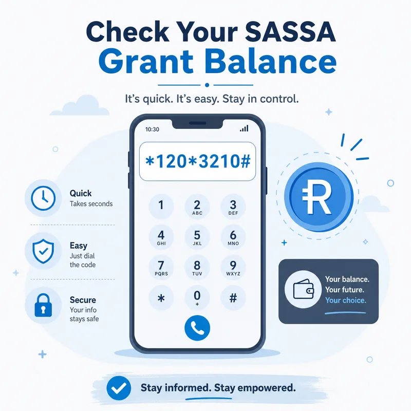 How to check SASSA balance illustration with phone keypad showing USSD code and Rand symbol